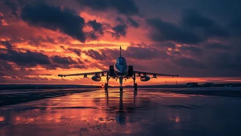 Jet silhouette drinks fire from a storm-lit molten sunset