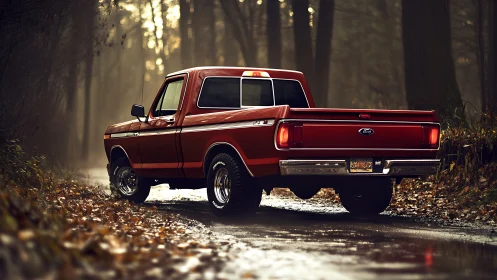 Autumn road welcomes a classic red pickup with cozy charm