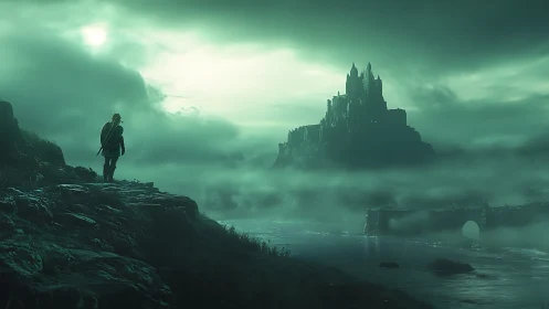 Solitary figure observing distant fortress across water.