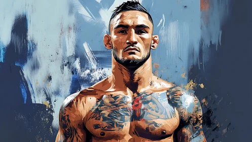 Tattooed fighter rendered in dynamic digital brushwork portrait