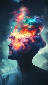 Male profile silhouette dissolves into nebular, multi-spectral cloud