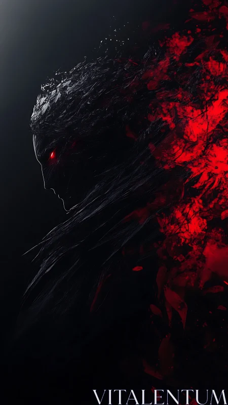 Shadowed flame spirit with glowing red eyes emerging.