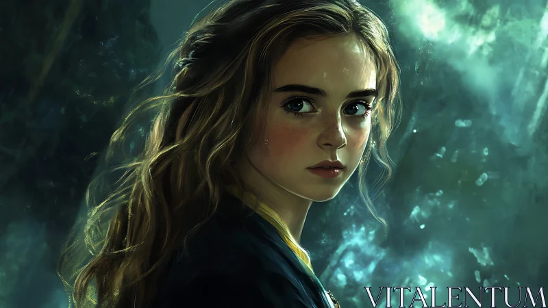 Cinematic digital portrait of young woman in teal backlight