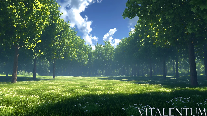 Sunlit grove breathing quietly beneath a cloud-drifted sky.