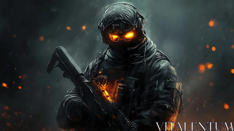 Armored soldier with burning core in storm of embers.