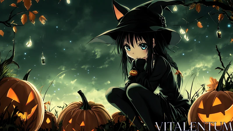 Moonlit pumpkins keep lonely little witch company tonight
