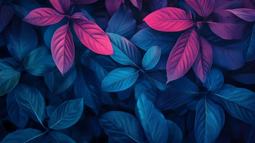 Neon leaves drift through midnight blues and magenta hush.