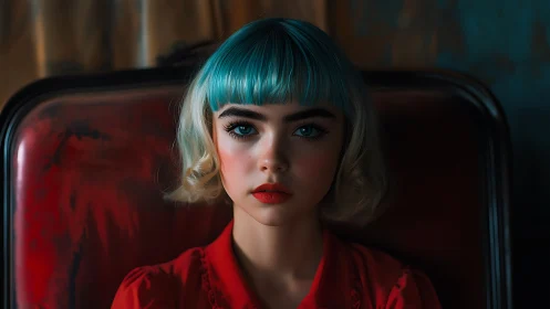 Cinematic portrait of teal bobbed woman on red leather chair