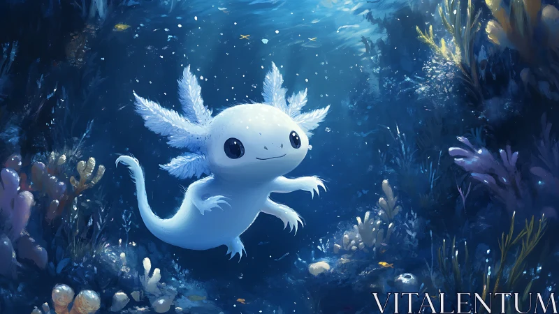 Bioluminescent axolotl gliding through refracted abyssal shallows.