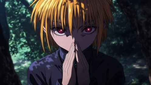 Forest focus and ruby eyes in a quiet moment of resolve.