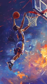 Basketball player midair dunk rendered in dynamic digital brushwork