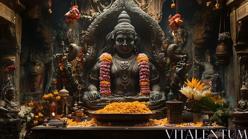 Sacred stone deity adorned with flowers inside ancient shrine.