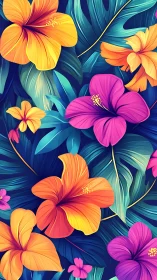 Vibrant Tropical Hibiscus Composition with Gradient Foliage