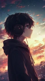 Boy with headphones looks toward a glowing sunset sky