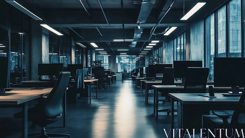 Modern Office Space with Desks and Computing Stations.