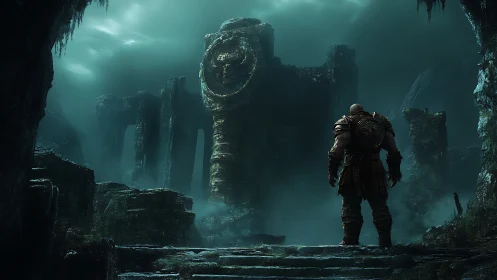 Armored figure surveying monolithic ruins in dim light.