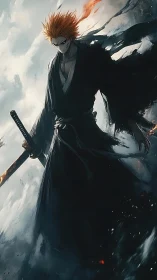 Orange haired swordsman stands in tattered robe with katana
