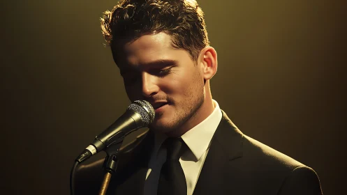 Elegant crooner leans into microphone under warm stage glow