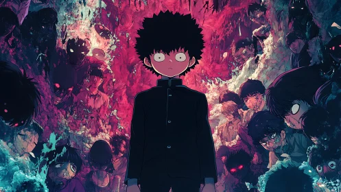 Psychic schoolboy amid distorted spectral crowd, neon void