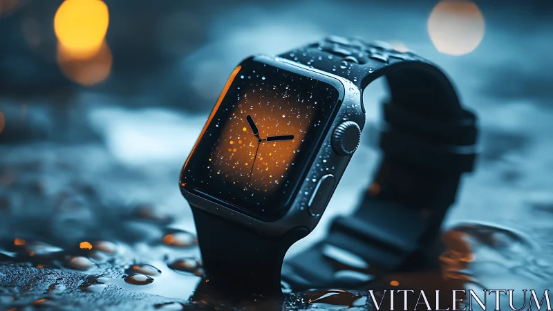 Smartwatch with wet strap on reflective blue surface.