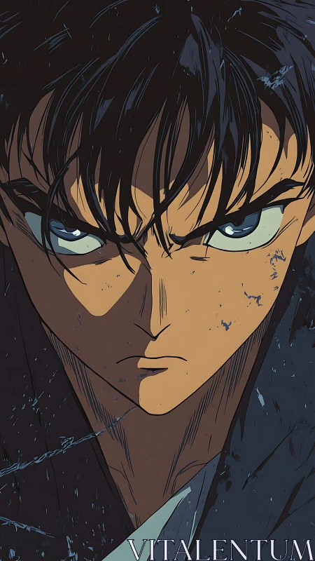 Close-up anime portrait uses harsh lighting and textured wear