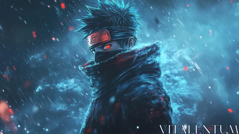 Masked ninja warrior stands in glowing storm of blue energy.