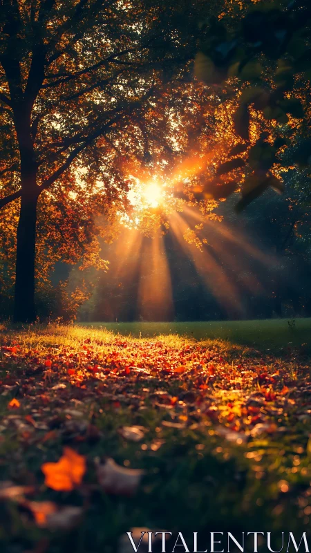 Backlit autumn trees channel low sun into radiant forest beams