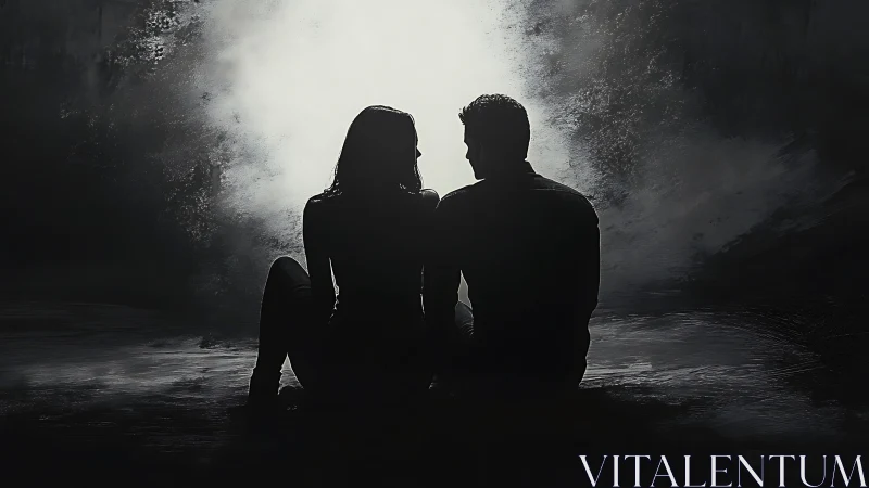 Silhouetted Figures Contemplating Luminous Underground Passage