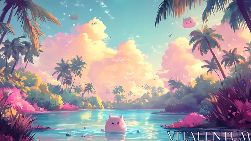 Pastel tropical lagoon with floating cat spirits at sunset