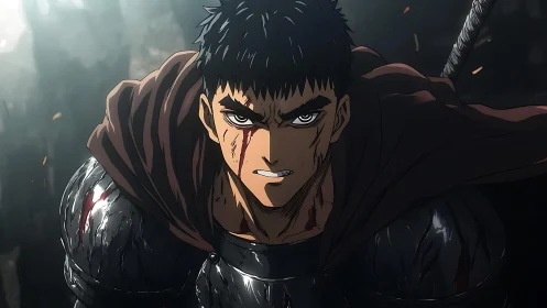 Battle-scarred anime warrior charging with fierce resolve.