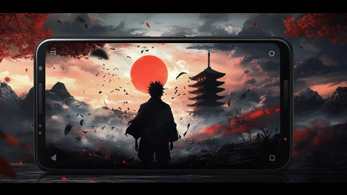 Silhouette wanderer crossing a crimson sun between screens.