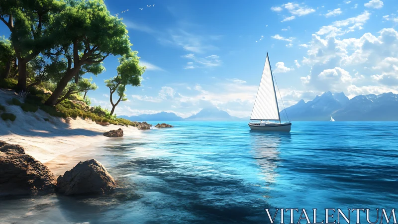 Sunlit sailboat glides along a tranquil turquoise coastline