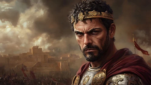 Roman commander in armor before stormy besieged city.