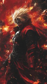 White haired warrior stands in fiery red inferno background