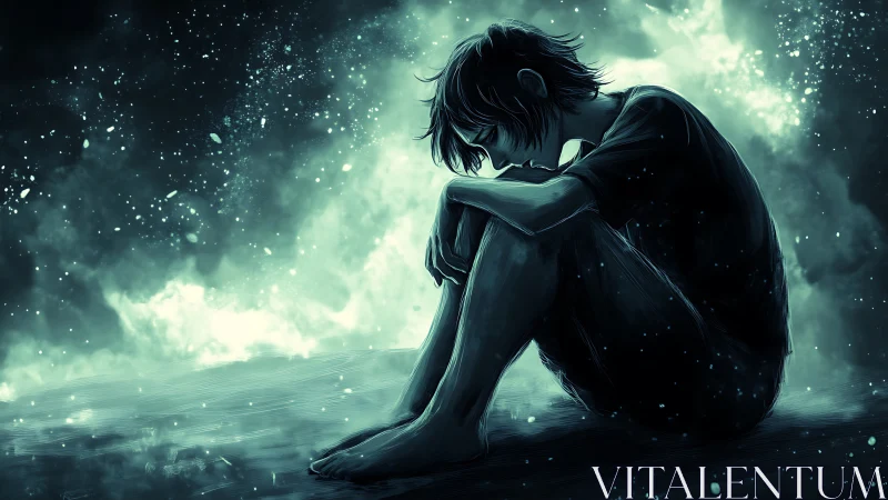 Soft starlit boy curls into quiet thoughts beneath night