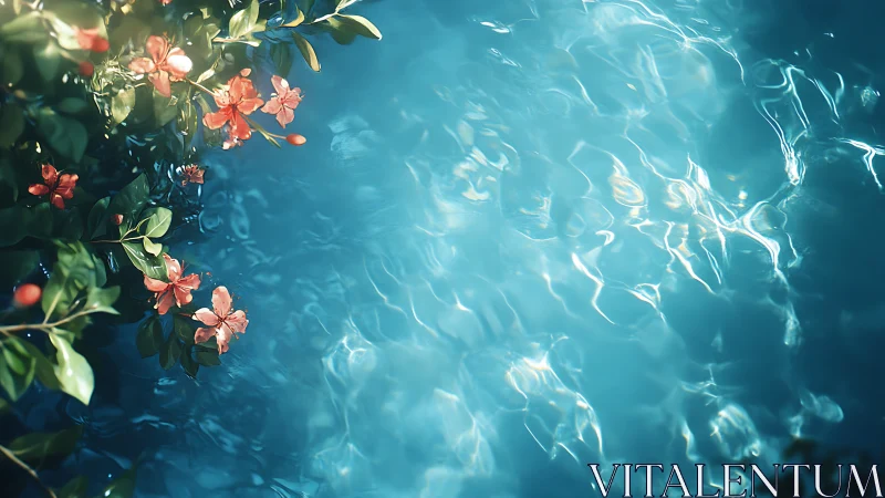 Sunlit pool ripples beside soft coral blossoms in bloom.