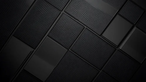 Dark geometric grid panels with textured black surfaces.
