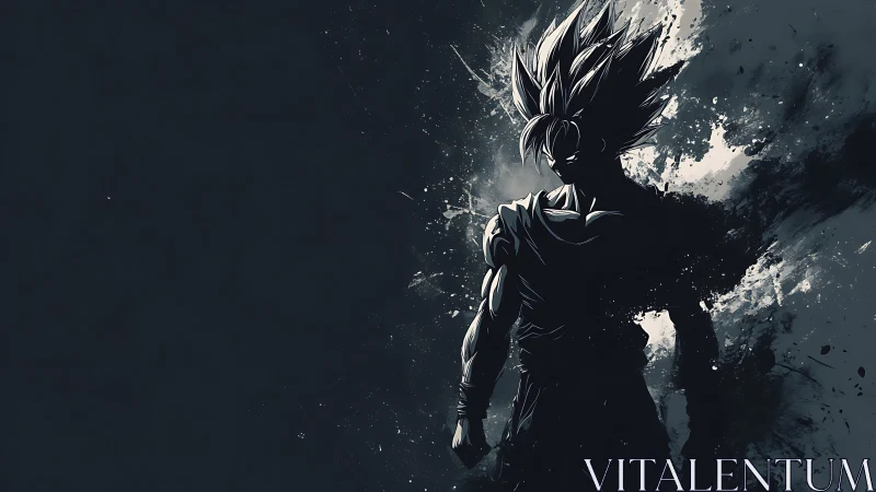 Silhouetted anime warrior dissolves into dynamic ink splashes