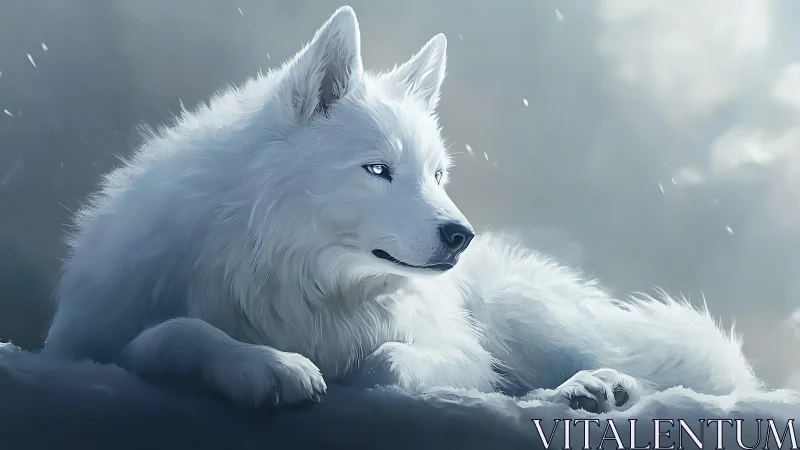 Snowlit white wolf reclining in soft atmospheric haze.