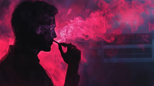 Silhouetted man exhales vivid neon vapor in moody night glow