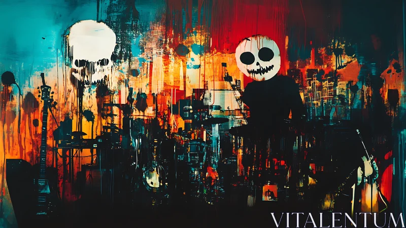 Paint-splattered skull band pulses on a neon grunge stage