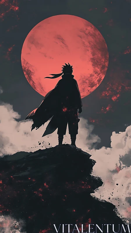 Lone warrior silhouette stands before a burning crimson moon