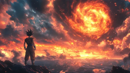 Lone warrior confronting a blazing celestial vortex at dusk.