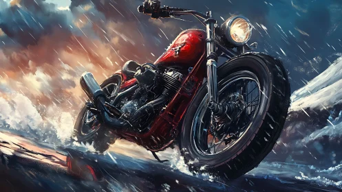 Red motorcycle traverses wet terrain under heavy rainfall