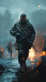 Armored soldier advances through rainlit battlefield corridor