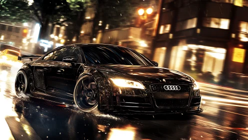 Photorealistic night racing coupe in dynamic urban motion study.