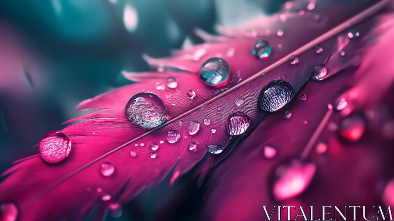 Iridescent dew jewels shimmering across a neon pink feather.