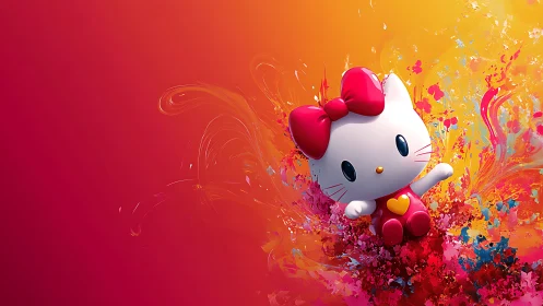 Hello Kitty figure on abstract warm gradient background.