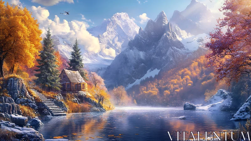 Mountain lake cabin is framed by autumn trees and snow