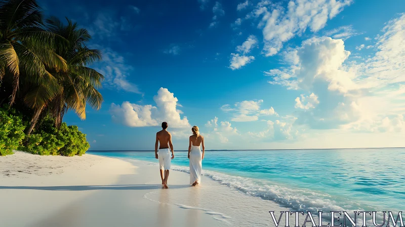 Couple walking on tropical shoreline under expansive blue sky.